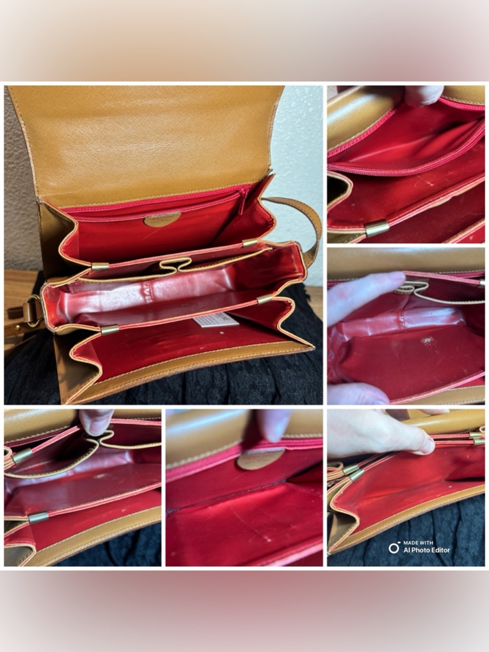 Vintage CELINE Camel Saffiano Accordion Flap Bag | Red Interior | Made in Italy - Picture 8 of 11